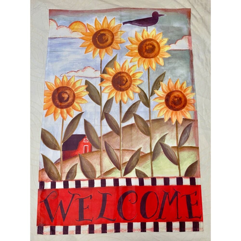 Garden Welcome Flag Sunflowers Farmhouse Bird Folk Art Rustic